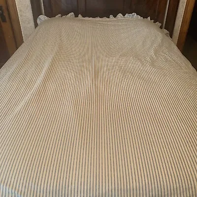 Vintage Martex Ruffled Flat Sheet Queen 86x98  Blue Cream Pillow Tick Cottage • $25