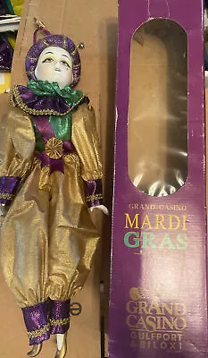 Grand Casino Jester Doll 20  Mardi Gras Carnival Porcelain Vintage Gold • $24.99