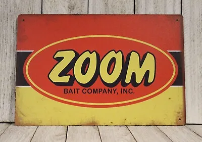 Zoom Fishing Lures Tin Metal Sign Rustic Look Rod Reel Fish Bait Shop Marina 97 • $10.77