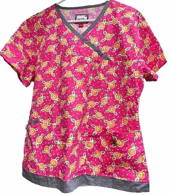 Mary Engelbreit Medical Scrub Top Shirt Pink Yellow Flowers Sz L Nurse Vet Tech • $16.99