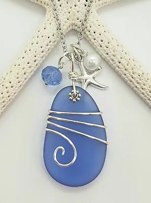 Sea Glass Necklace W/ Deep Periwinkle Blue Pendant Silver Wire Wrapped Handmade • $12.59