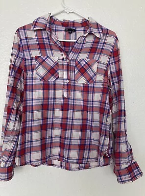 Gap Blouse Women's Size S Red Blue Plaid Popover Button Front Long Sleeve • £14.25