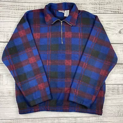 Vintage Jerzees Fleece Jacket Pullover Size XL Mock Neck 1/4 Zip Plaid Red Blue • $34.97