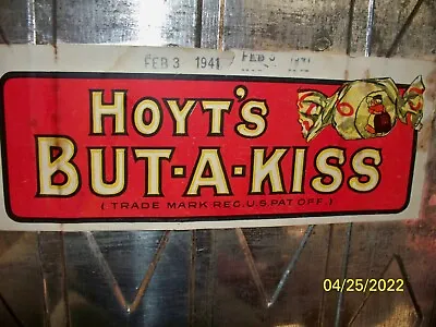 RARE! HOYT'S BUT-A-KISS STICKER/METAL BASKET WEAVE PICNIC BASKET W/ WOOD HANDLES • $22.95