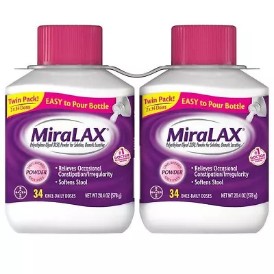 Miralax 2 Bottles 68  Doses Polyethylene Glycol 3350 Powder * FAST SHIPPING ** • $44.88