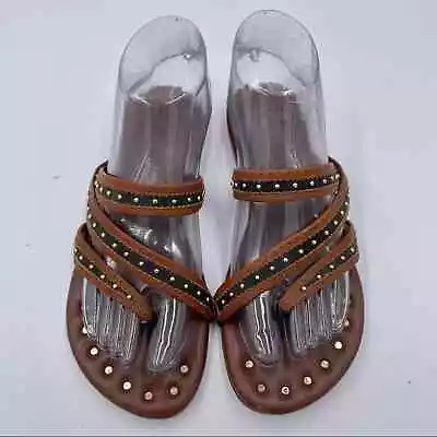 Matt Bernson Brown Leather Gold Studded Thong Sandal In Size 7 • $25