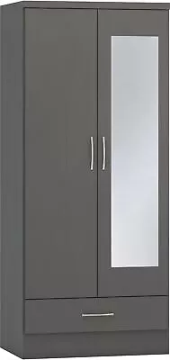 Double 2 Door 1 Drawer Mirrored Wardrobe Cabinet Storage Nevada 3d Effect Grey • £201.99