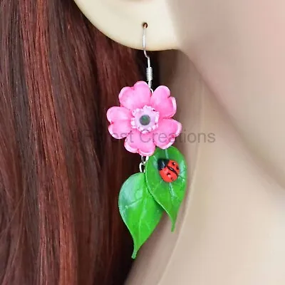 Red Campion And Lady Bird Earrings - Hand Sculpted - Gift For Her  Mothers Day • £12