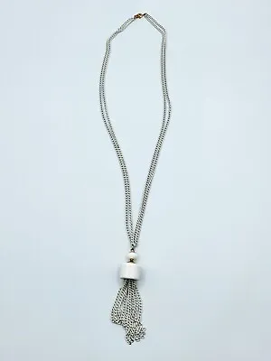 Vintage Monet White Enamel Tassel Pendant Multi Chain Flapper Necklace • $8.78