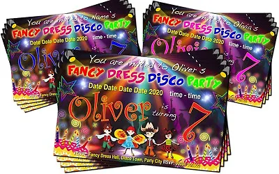 FANCY DRESS DISCO Childrens Birthday Party Invitations X4 Red Pink Or Blue  • £2.85