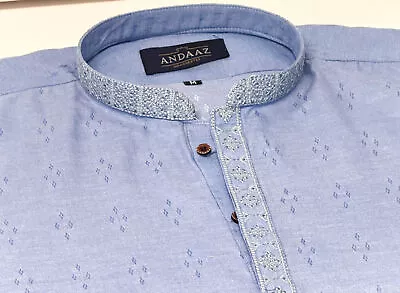 Men's Sky Blue Kurta With Placket Embroidery • £25