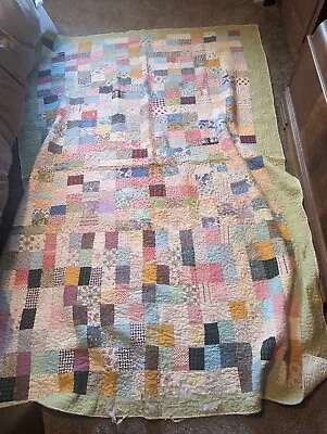 Vtg Colorful Homemade Patchwork Quilt Vtg -NEEDS REPAIR Look/Read-Approx 66X88” • $29.95