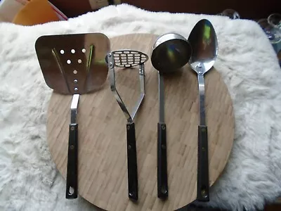 Vintage Set Of 4 Flint Kitchen Utensils Stainless USA Black Bakelite Handles • $45