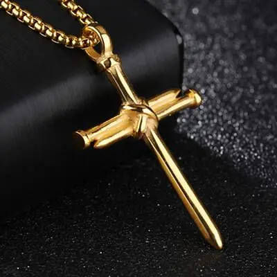 Gold Christ Jesus Nail Cross Pendant Necklace Catholic Jewelry Chain 24  Gift • $11.89