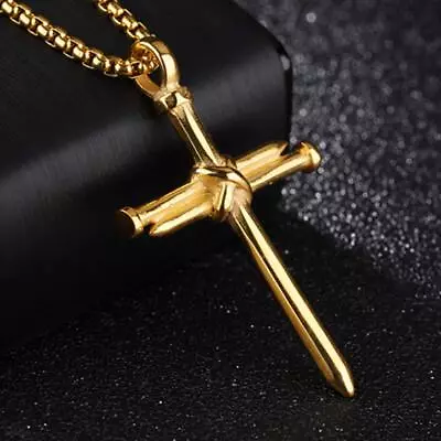 Men's Gold Christ Jesus Nail Cross Pendant Necklace Catholic Jewelry Chain 24  • $3.99