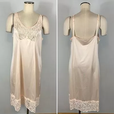 Vintage Bali Blush Pink Full Slip Dress Long Lace Silky Size 42 • $30