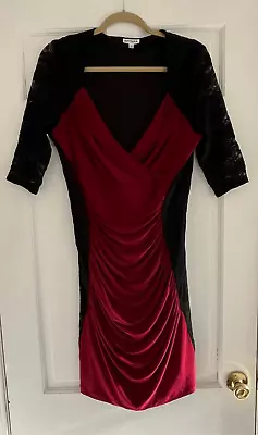 Kiyonna Women’s Ruched Low V-neck Burgundy And Black Lace Party Dress Size XS • $20.38