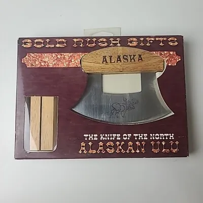 Vintage Alaska Ulu Knife Wooden Handle With Stand Moose Etched On Blade NOB • $19.99