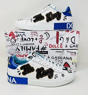 Dolce & Gabbana White Portofino Leather Printed Sneakers Men’s Size 9 THE KING • $598