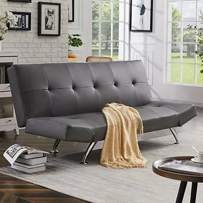 Venice Faux Leather Sofa Bed In Grey With Chrome Metal Legs • £209.95