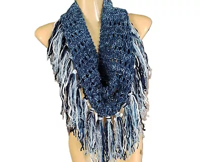 NEW Hand Knitted Ombre Marled Blue Infinity Boho Cowl Scarf Fringe Handmade Gift • $30.79