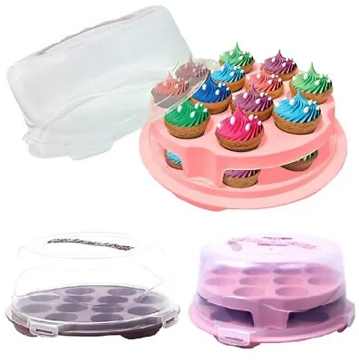 Plastic Cupcake Box Round Cake Storage Carrier Container Clear Lock Lid White UK • £8.95