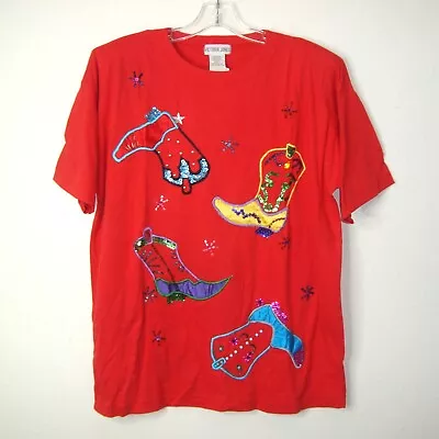 NWT VICTORIA JONES Red Beaded Sequins Cowboy Boots T-Shirt* Size L • $22.45