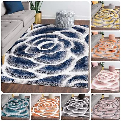 New Luxury Shaggy Rugs Thick Soft Fluffy 3D Rose Pattern Bedroom Living Room Rug • £105.49