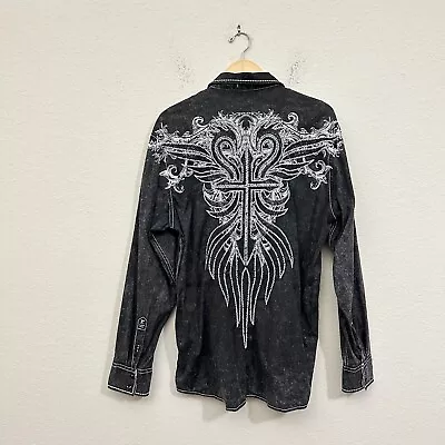 ROAR Signature Long Sleeve 'Cross' Embroidered Shirt In Black Sz XL M2547 • $35