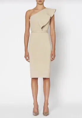 $289 • Buy Scanlan Theodore Crepe Knit Ruffle Dress Bodycon Event Beige Cocktail  Size S