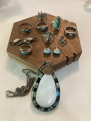 12 Pc VTG Native American Sterling Silver Turquoise MOP Jewelry Rings Pendants • $19.50