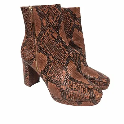 H&M Boots Women 9.5 Brown Snake Print Block Heel Zip Ankle Chunky Platform 90s • $29.99