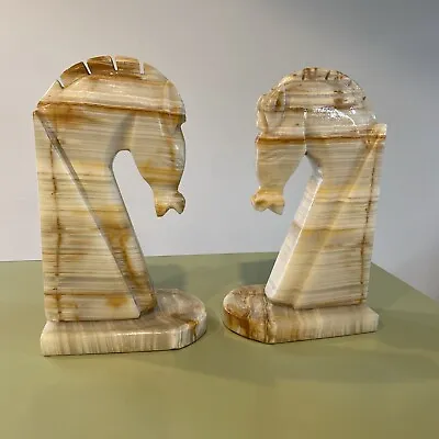 Vintage Carved Horse Head Bookends Alabaster Onyx Marble Stone Trojan 9” Set MCM • $49