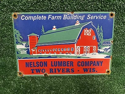 Nelson Lumber Vintage Porcelain Sign Woods Forest Clearing Chainsaw Lumberjack • $203