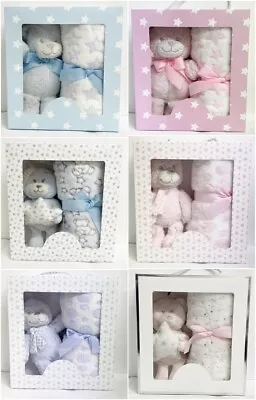 Soft Teddy Bear & Baby Blanket Gift Set Boxed New Born Baby Shower Present • £17.99