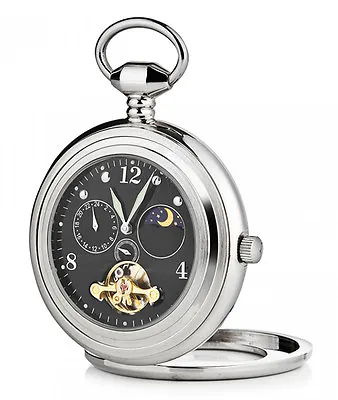 £76.95 • Buy MENS MECHANICAL TOURBILLON MOON PHASE OPEN POCKET WATCH Chain Stand Box RP£130 
