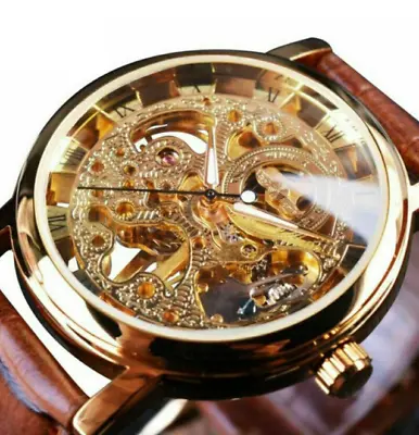 Men's Watches Skeleton Mechanical Hand Wind Watch Leather Strap Fathers Gift Son • £19.99