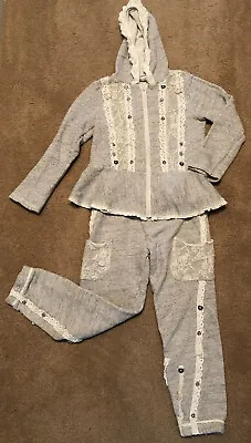 Naartjie Girls Lace & Crochet Overlay Gray Hoodie And Sweatpant Legging Sz 9-10 • $55