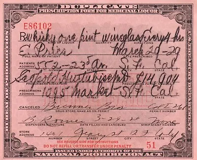 Antique 3/29 1929 Prohibition Whiskey Prescription Doctor Pharmacy Bar CA • $55