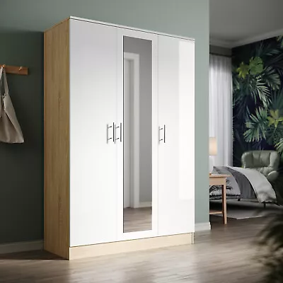 High Gloss 3 Door Triple Mirrored Wardrobe White&Oak With Hanging Rail & Shelves • £203.02