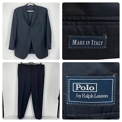 Polo Ralph Lauren 46R Mens Suit 2 Piece Blue Three Button 41x31 Pleated Italy • $109.99