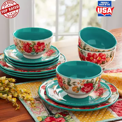 Vintage Floral Teal 12-Piece Dinnerware Set Complete Service Dinner Plates Bowls • $53.87