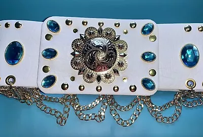Elvis Style Gold Tiger Belt In White With A Choice Of Blue Or Red Stones • $168.01