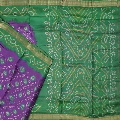 Vintage Purple Saree 100% Pure Silk Bandhani Printed Zari Border Sari 5YD Fabric • $23.75