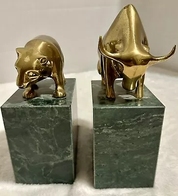 Wall Street Bear Bull Brass Bookends Stock Market Exchange Green Marble Base • $60