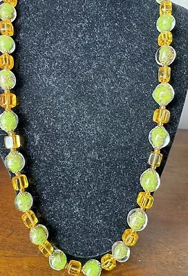 Breathtaking VTG  Estate Italian Murano Lime Green & Gold Fleck Glass Necklace • $79.99