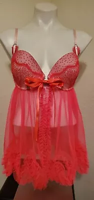 Victoria's Secret Sexy Hot Pink 36D Babydoll Nightgown Open Front Bows Ruffles • $4