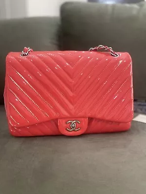 CHANEL Classic Jumbo Patent Leather Chevron Coral • £2375.39