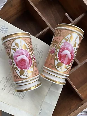 2 X Antique English Porcelain Spill Vase Pink Cabbage Roses Spode? H & R Daniel? • £85