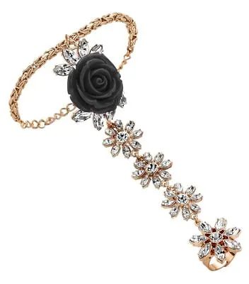 MAWI LONDON Black Rose Garden Finger Chain Bracelet With Crystals  • $186.75